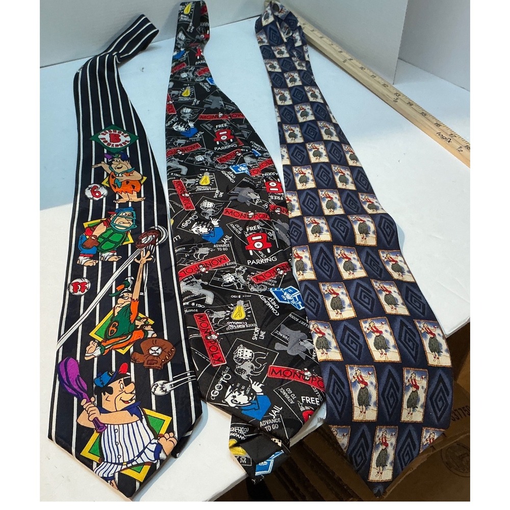 Unbranded Vintage Novelty Tie Lot Flintstones‎ Monopoly Hula Girl Silk OS Retro